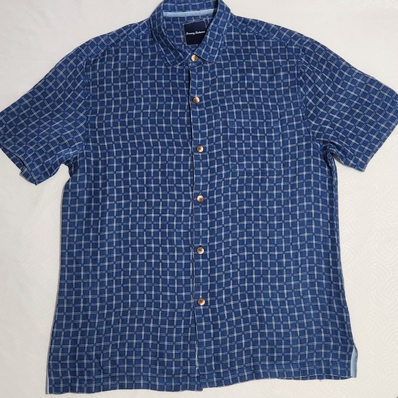 Other - TOMMY BAHAMA SHIRT MENS L/G HAWAIIAN BUTTON BLUE CHECK SILK BLEND CAMP C…